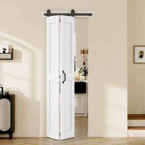 30 X 84 Inch Bi-Fold Barn Door For Closets With Hardware Kit Included, White Aluminum Track System And MDF Doors, Space Saving