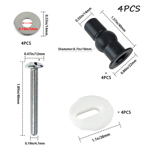 Universal Toilet Seat Bolts And Hinge Kit 4 Pack With Top Mount Screws Expanding Rubber Nuts Stainless Washers For 14 To 16 Mm Holes