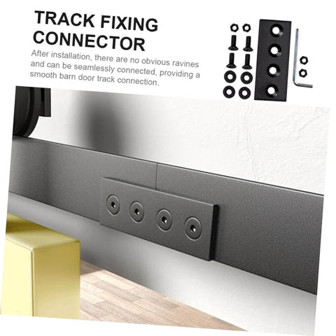 Heavy Duty Metal Flat Plate Track Connector For Barn Door Flat Brace Bracket Mending Repair And Upgraded For Sliding Barn Door Track Connection With Rust Resistant Finish Smooth Surface And No Fuss Install featured on a black barn door track with bolts included.