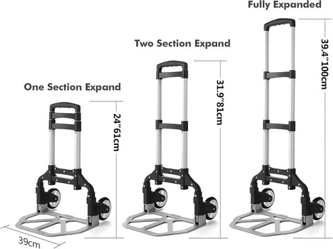 Folding Hand Truck Dolly Cart With Telescoping Handle From 24 To 39 Inches showing expansion stages of 24 to 39 inches