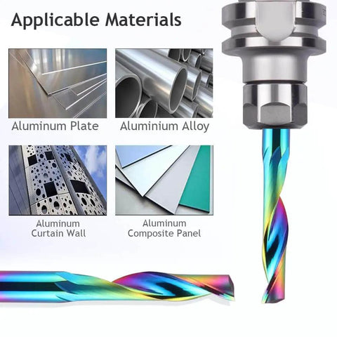 CNC Single Flute Router Bit With One Eighth Inch Shank And One Eighth Inch Cutting Diameter Fifteen Millimeter Cutting Length Solid Tungsten Carbide DLC Coated End Mill For Aluminum Built Tough Milling Cutter Pack Of Ten showing applicable materials aluminum plate, alloy, curtain wall, composite panel
