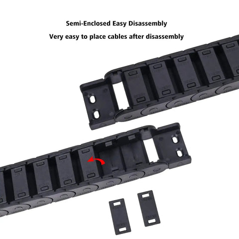 Two Pack Open Type Drag Chain Cable Carrier, 15x30mm Internal Size, Flexible 1 Meter Length With End Connectors, disassembled view