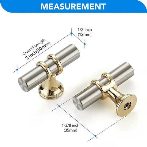 Measurements of brushed nickel and brushed brass cabinet knobs and handles, single hole modern T bar drawer pulls.