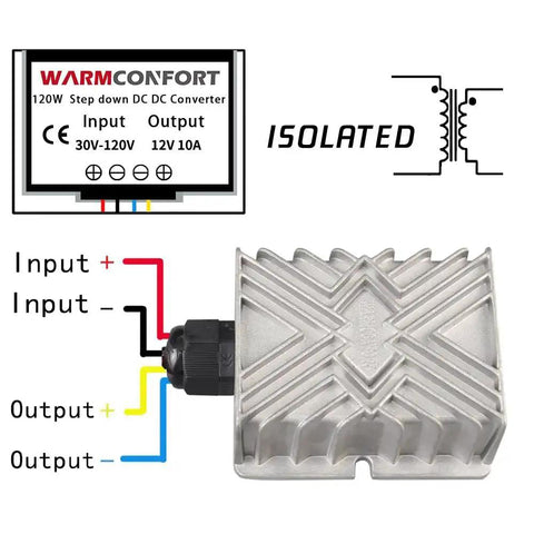 Isolated DC To DC Converter 30V 120V Input To 12V Output 10A 120W Step Down Power Supply with wiring diagram and connectors.