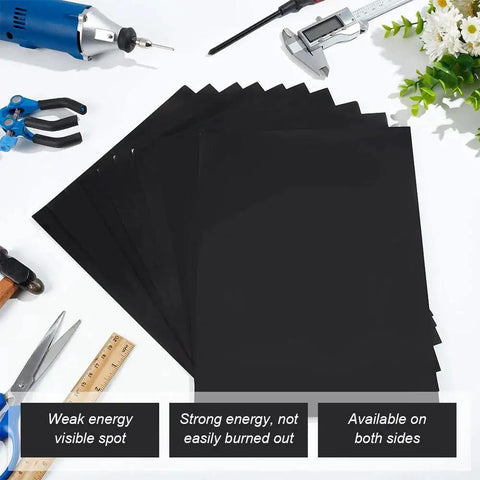 Double Sided Black Laser Test Paper For Fiber Laser Marking And Engraving Pro Grade Eleven By Eight Point Three Inches A4 Size Ten Sheets Thick Zero Point Two Millimeter For Precise Proofs And Fine Tuning Of Laser Engraving Machines BENECREAT displayed with tools