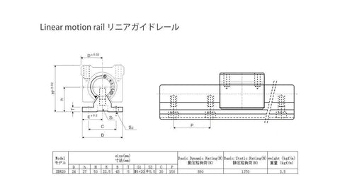 Technical drawing of SBR20 350mm Linear Guide Rail With Two SBR20UU Preloaded Blocks for CNC rigs and 3D printers.