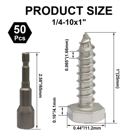 Heavy Duty Lag Screws Set Of Fifty, One Quarter Inch Diameter By One Inch Length, Stainless Steel 304 Partial Thread Bolts With Silver Oxide Finish For Wood Decks Construction And Home Improvement By OSVJE