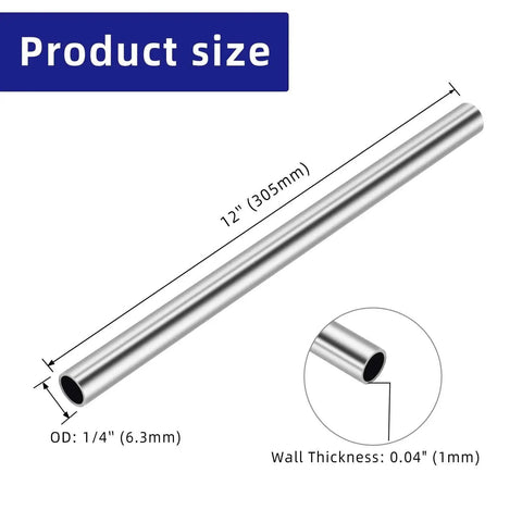 Diagram of 304 Stainless Steel Round Tube One Quarter Inch OD Weldable Pipe, 12 Inch Length, showing dimensions and wall thickness.