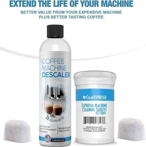 Front view of CleanEspresso cleaning kit: descaler bottle, 40-count espresso cleaning tablets jar, and two water filters.