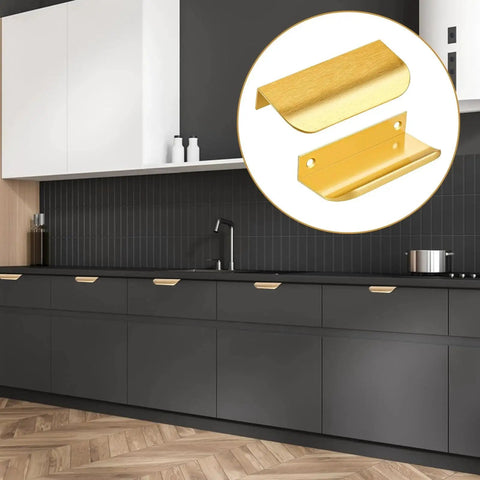 Gold Edge Finger Cabinet Pulls 3.15 Inch Aluminum Drawer Handles Set of 5 installed on modern kitchen cabinets