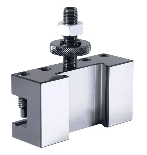 BXA Style 2 Extra Large Quick Change Tool Holder for 3/4 inch turning tools, steel, shown from side view, fits 10 to 15 inch swing lathe