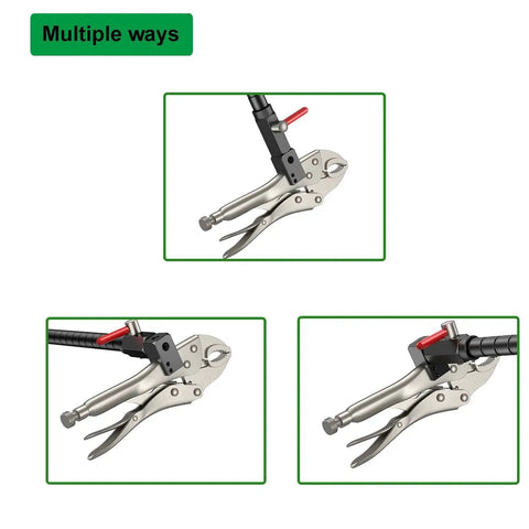 Locking pliers with flexible hose attachments shown in three configurations for versatile grip and application.