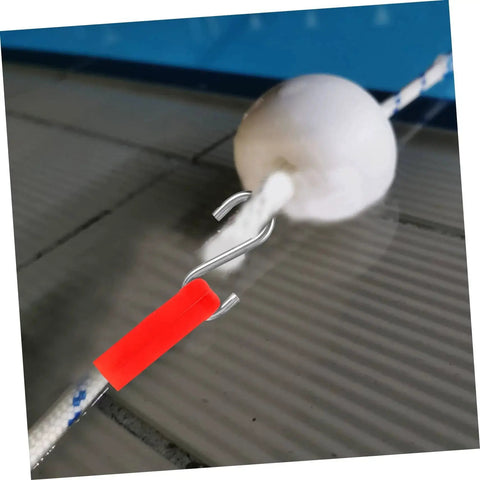 Smart Pool Float Hanger Hook And Floating Line Clamp for securing lines, red handle, attached to pool rope with float ball by Parliky
