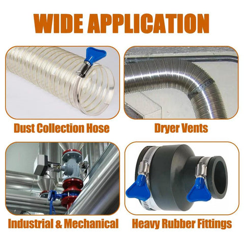 Two 4-inch 91–114 mm stainless steel worm-gear hose clamps, adjustable, for dryer vents, dust collection, and automotive hoses.