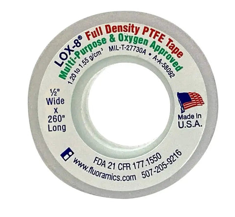 LOX-8 Full Density Thread Seal Tape, Half Inch Wide By Two Hundred Sixty Inch Long, ultra durable, high and low temperature ready