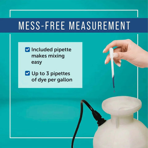 Blue Lawn Spray Indicator Dye For Sprayers 8 Oz Bottle With Pipette easily marks treated areas, hand holding pipette over sprayer