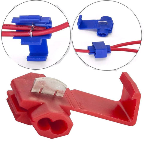 Blue insulated quick-splice wire connectors gripping red wires; 125-piece set for 22-10 AWG.