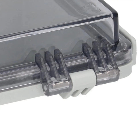 Close-up of Rugged Outdoor Electrical Junction Box with clear cover and stainless steel door lock hinge, IP67 ABS enclosure ideal for outdoor use