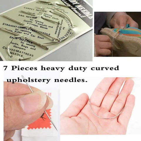 Extra Strong Upholstery Repair Sewing Thread Kit With Heavy Duty Hand Needles Including Seven Styles Leather Canvas Sewing Needles And Three Rolls Nylon Thread 70 Yards Each In Three Colors For Carpets Upholstery Coats Tents Mattresses Furs And Leather displaying needle set and close-up of needle in hand