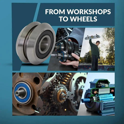 Collage showing Four Pack RM2-2RS Three Eighths Inch Rubber Sealed V Groove Roller Ball Bearing Chrome Steel with applications in machinery and sports.