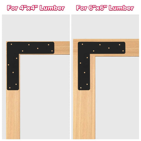 Heavy Duty L Shape Bracket Set, 4 Pcs 12x12 Mending Plates With Black Powder Coat, shown on 4x4 and 6x6 frames