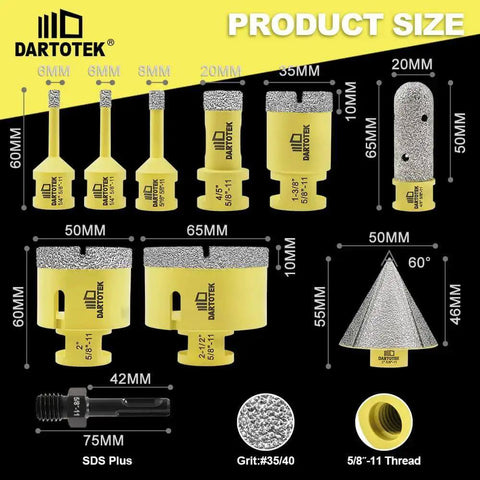 Pro Grade Versatile Diamond Core Drill Bits Set 10 Piece For Porcelain Tile Ceramic Stone And Masonry With Tile Hole Saw Kit SDS Shank Includes 6mm 8mm 20mm 35mm 50mm 65mm Core Bits Plus Chamfer And Enlarger Bits For Precise Holes image showing drill bits with sizes.