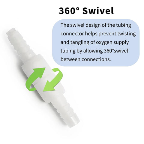 Oxygen tubing swivel connector, white plastic, 360-degree rotation, male and female ends