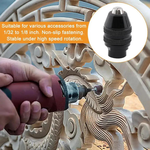 Using All In One Keyless Drill Chuck Collet Set For Rotary Tools 1/32 To 1/8 Inch on carving; close-up of drill and chuck in action