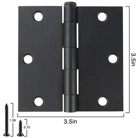 Matte Black 3.5 Inch Door Hinges Set with square corners, heavy duty design, includes screws, shown with dimensions and size details.