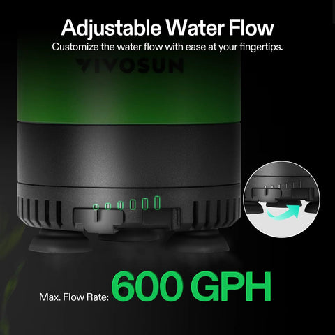 VIVOSUN submersible water pump with adjustable flow, 600 GPH, black body and green LED indicators.