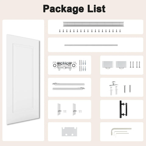 Package contents of Concealed Barn Door Kit 36x84 With Soft Close Hardware And Matte Black Pulls White Primed Solid Core Hidden Door