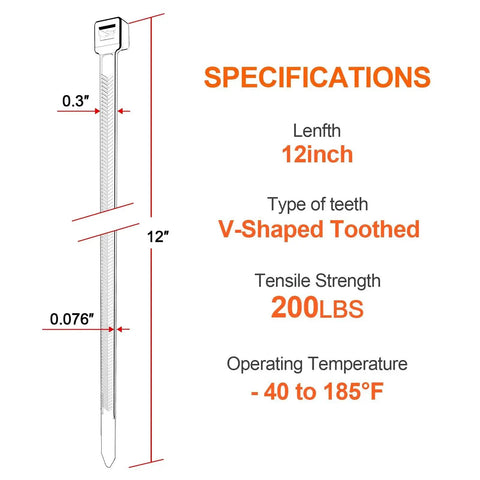 Diagram showing Tough As Nails 12 Inch V Shaped Toothed Double Sided Cable Ties With 200 Lbs Tensile Strength For Indoor Outdoor Use