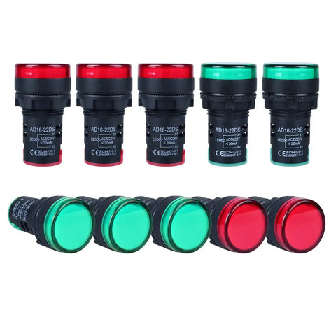 10 Pack LED Indicator Lights 22mm Panel Mount 0.87 Inch Hole 24V AC DC 20mA Energy Saving Green Red Set