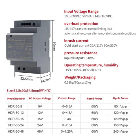 Ultra Slim DIN Rail Power Supply 60W 100-240V Input With 5V 12V 24V 48V Outputs Switching Mode Industrial PSU specifications