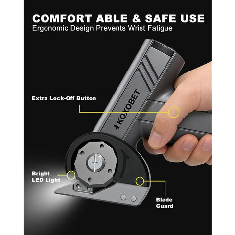 Cordless Cutting Tool 4.2V With LED Display, Brushless Motor, Three Tungsten Steel Blades, Electric Chop Saw For Fabric Leather Cardboard Carpet And Light Metals, Portable Silver, held in hand showing ergonomic design and blade features