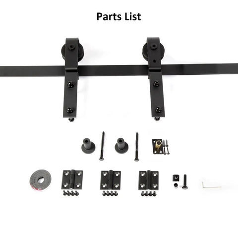Bi-Fold Barn Door Hardware Kit For Closet, 30 Inch Track System For Two Doors, parts and black roller guides displayed.
