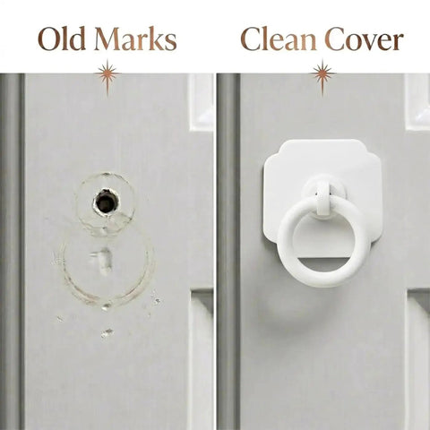 Four Pack Satin White Cabinet And Bifold Ring Pull Handles With One And Three Fifths Inch Backplate covering old marks