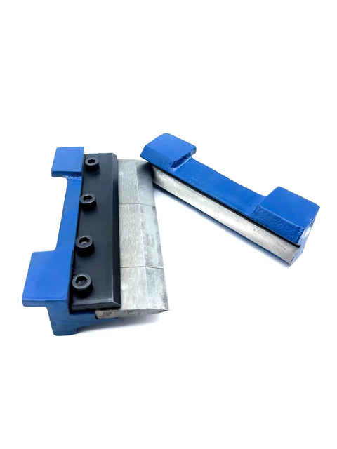 Side view of blue magnetic vise-mount 5-inch vise brake die set with black mounting plate and silver bending blade