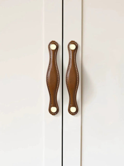 Leather Drawer Pulls 5 Pack, 5 Inch 128mm Leather Handles Knobs For Cabinets Drawers Dressers And Bathroom, Zinc Alloy Base, installed on cabinet doors