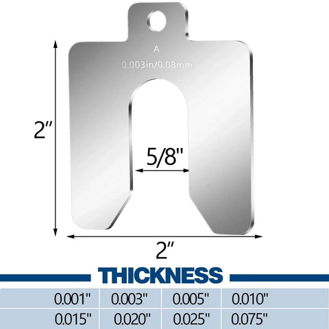 80 Piece Set Stainless Steel Slotted Shims Kit 2 by 2 Inch With Eight Thicknesses From 0.001 To 0.075 Inch, 10 Pieces Each, Precision Shims For Leveling, Includes Storage Box, Ideal For Woodworking Machinery Motors And Industrial Projects showing a 2 inch by 2 inch slotted shim with dimensions