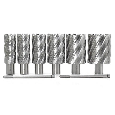 Heavy Duty Annular Cutter Set For Drill Press Six Pieces Three Quarters Inch Weldon Shank Two Inch Cutting Depth One To Two Inch Diameter Range HSS Slugger Bits Magnetic Drill Compatible With Two Pilot Pins JESTUOUS