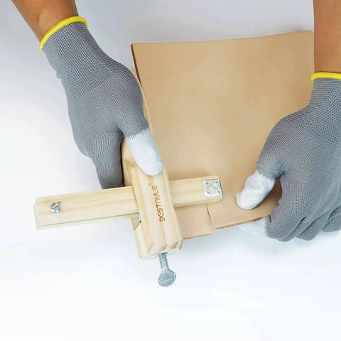 Adjustable Leather Strap Cutter With 3 Blades For DIY Leatherwork, Wooden Construction That Will Not Bend, in use cutting leather