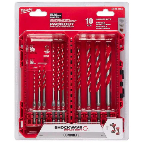 Shockwave Impact Duty 10 Piece Carbide Hammer Drill Bit Set For Concrete Block And Brick With One Quarter Inch Hex Shank 4X Faster Drilling Dynamic Cutting Edges Longer Life Milwaukee in packaging