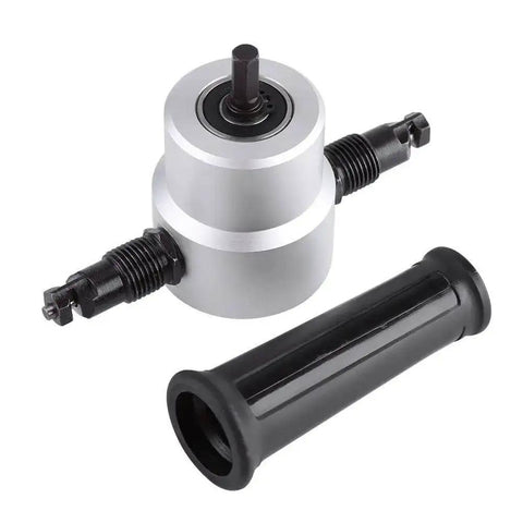 Pro Grade Metal Sheet Cutter Kit With Double Head Drill Attachment for electric drills, featuring 360 degree adjustable nibbler tool.