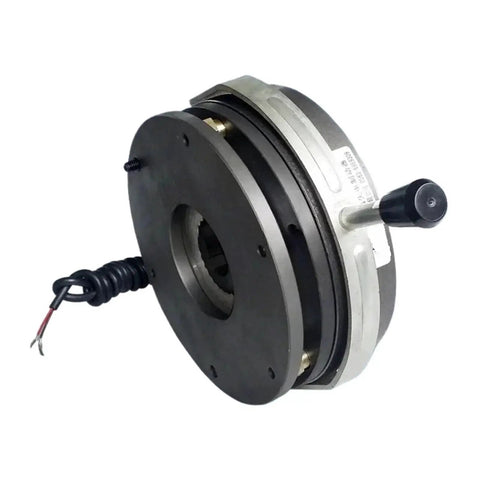 Side view of DHM8-14 power-off electromagnetic brake with black housing and protruding shaft.