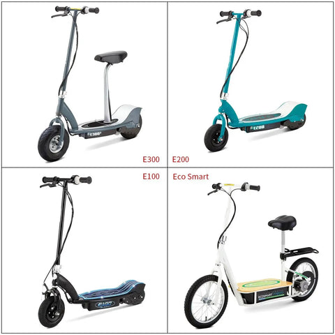 Four electric scooters including E300, E200, E100, and Eco Smart models shown from side angle on a white background.