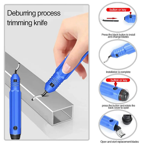 Hand using deburring knife on metal edge with button instructions shown