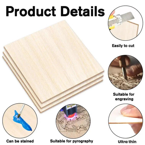 Six Pack Basswood Sheets For Crafts, 12 By 12 Inch, One Sixteenth Inch Thick Unfinished Wood Squares with crafting uses shown