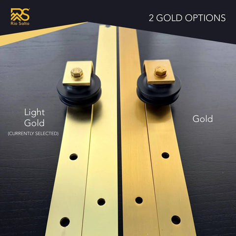 Light Gold Brushed Brass Smooth Sliding Barn Door Hardware Kit For Two Doors On A 13 Ft Adjustable Track Aluminum Rail System With All Mounting Hardware Hardware Only For Modern Interior Barn Doors showing gold and light gold options.