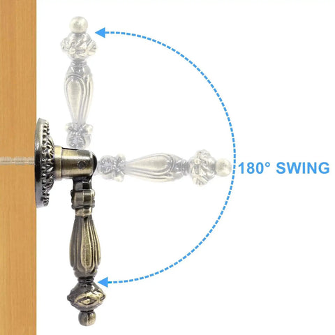 Six Pack Antique Tear Drop Drawer Pulls In Bronze Finish showing 180-degree swing feature for easy installation on cabinets.